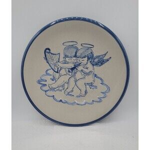 Louisville Stoneware Kentucky  10" Plate Blue Rim Angels Cherubs Clouds